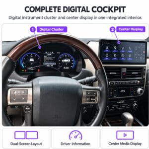 Lexus GX460 interiör som visar den installerade digitala instrumentpanelen bakom ratten och den centrala infotainment-skärmen