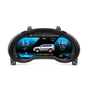 Framåtvänd Lexus GX400 GX460 digital instrumentpanel på slät vit bakgrund, blått instrumentdisplaytema